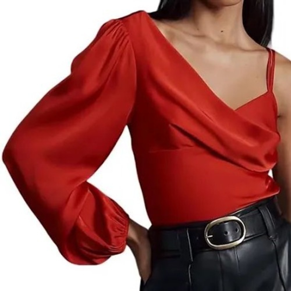 ASTR The Label Red Satin One Shoulder Cowl Neck Top ACT18491 Size M NEW